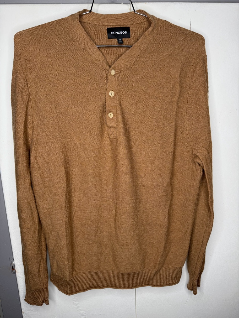 Bonobos Slim Fit 100% Extra Fine Merino Wool Henley Sweater Mens XL Camel Brown